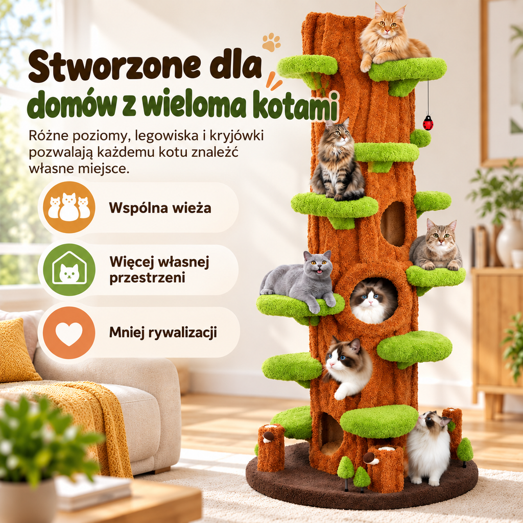 Wielopoziomowa wieża dla kotów inspirowana drzewem