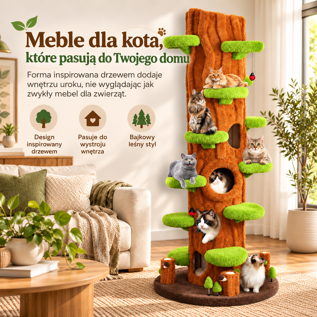 Wielopoziomowa wieża dla kotów inspirowana drzewem