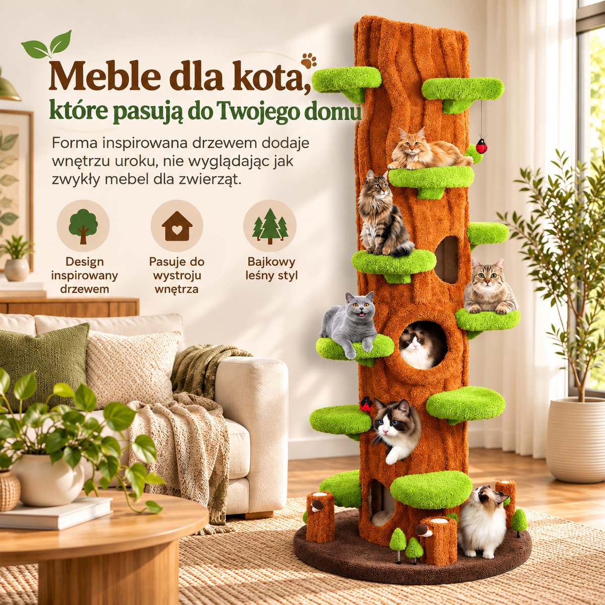 Wielopoziomowa wieża dla kotów inspirowana drzewem