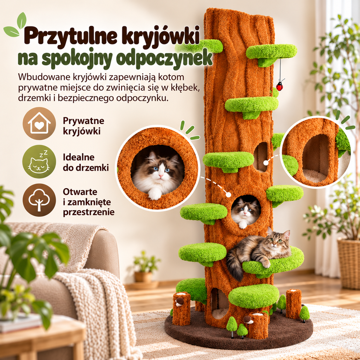 Wielopoziomowa wieża dla kotów inspirowana drzewem