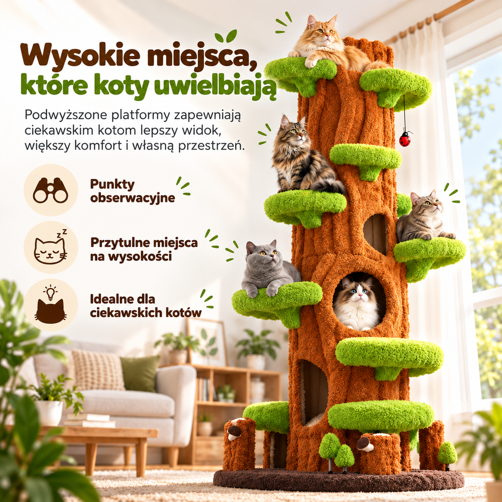 Wielopoziomowa wieża dla kotów inspirowana drzewem