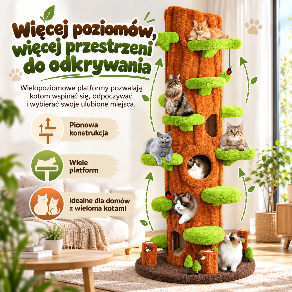 Wielopoziomowa wieża dla kotów inspirowana drzewem