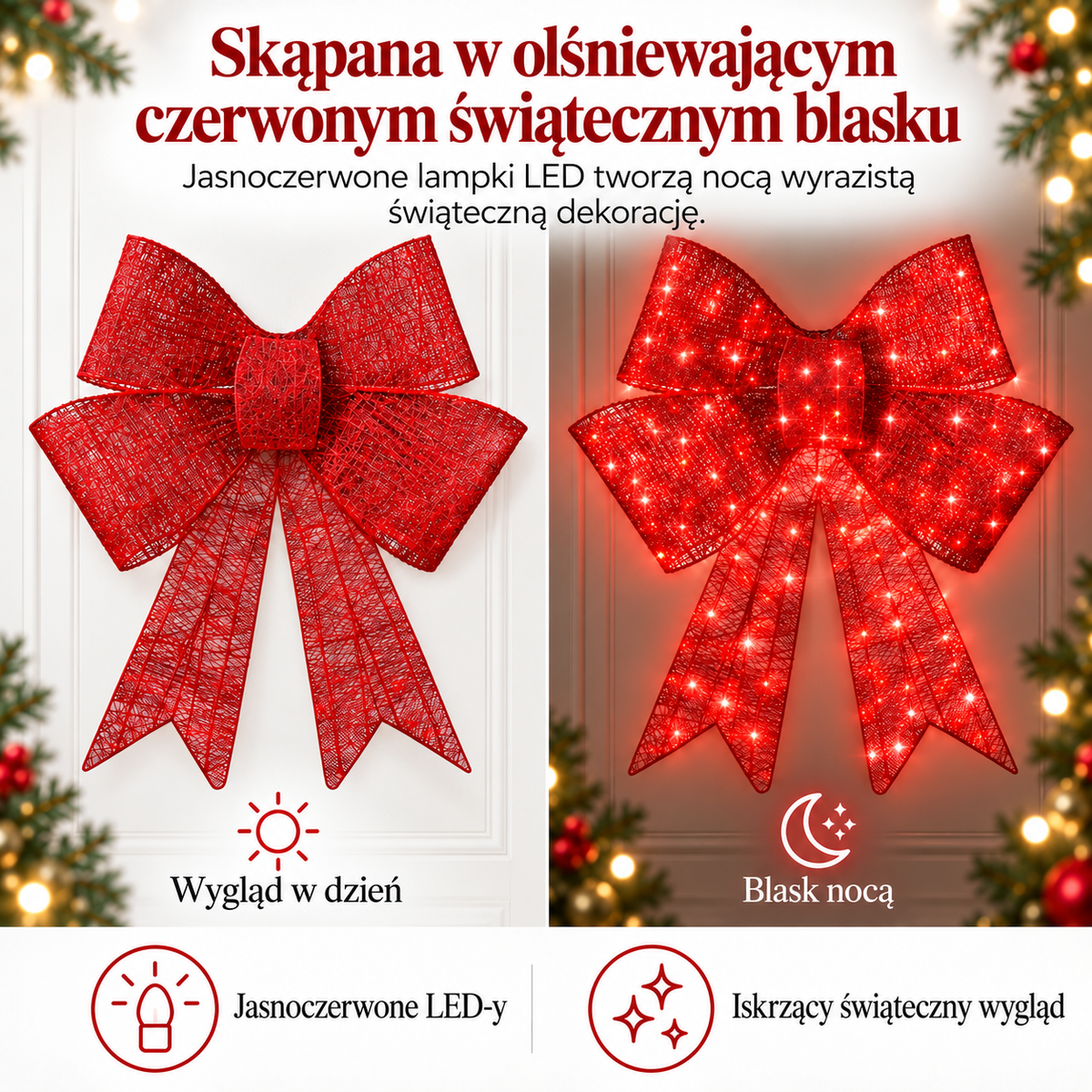 Large illuminated red Christmas bow
