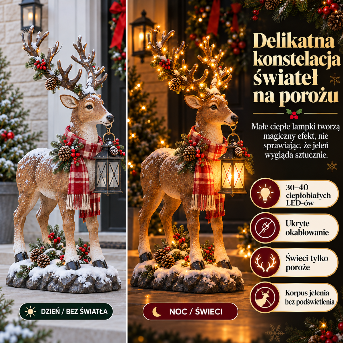 42-calowa podświetlana figura renifera z latarnią na ganek