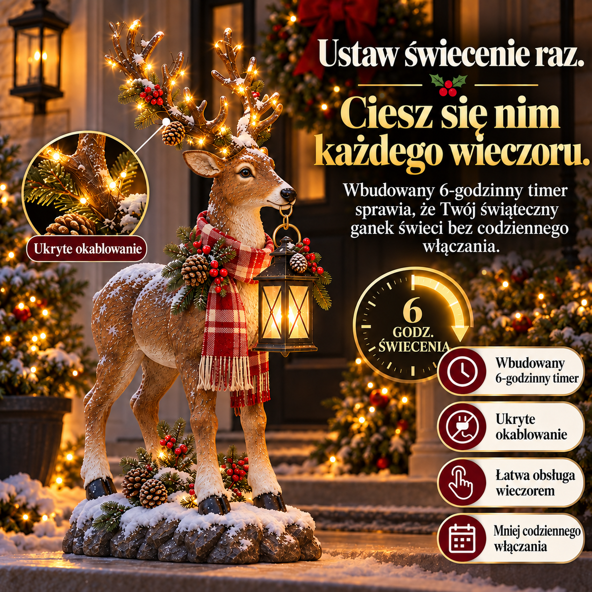 42-calowa podświetlana figura renifera z latarnią na ganek